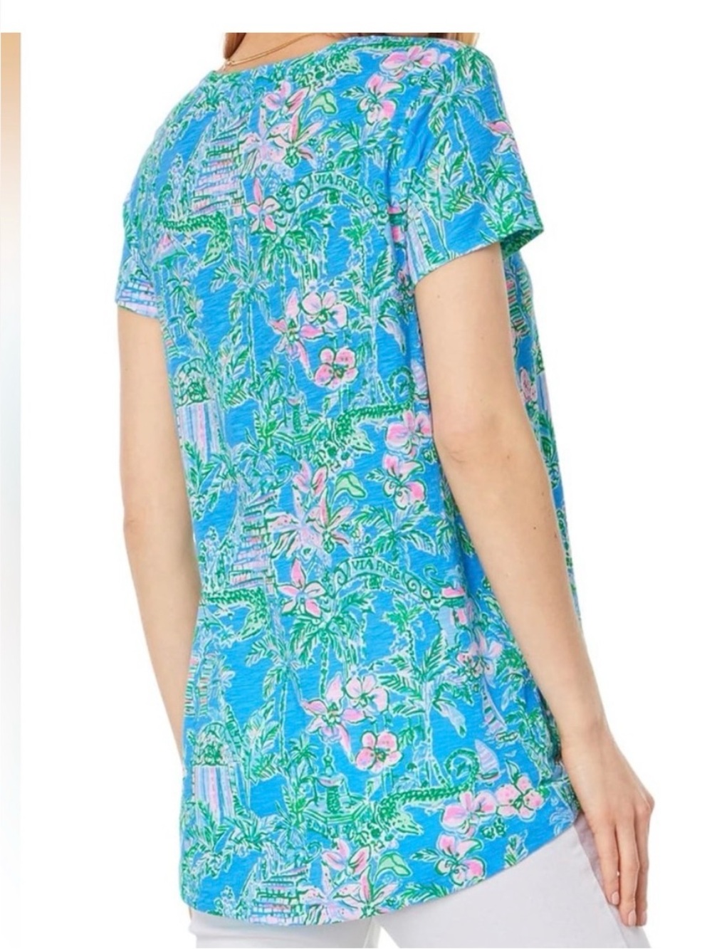 Lilly Pulitzer Etta V-Neck Tee vibrant "Boca Blue Beneath the Bougainvillea